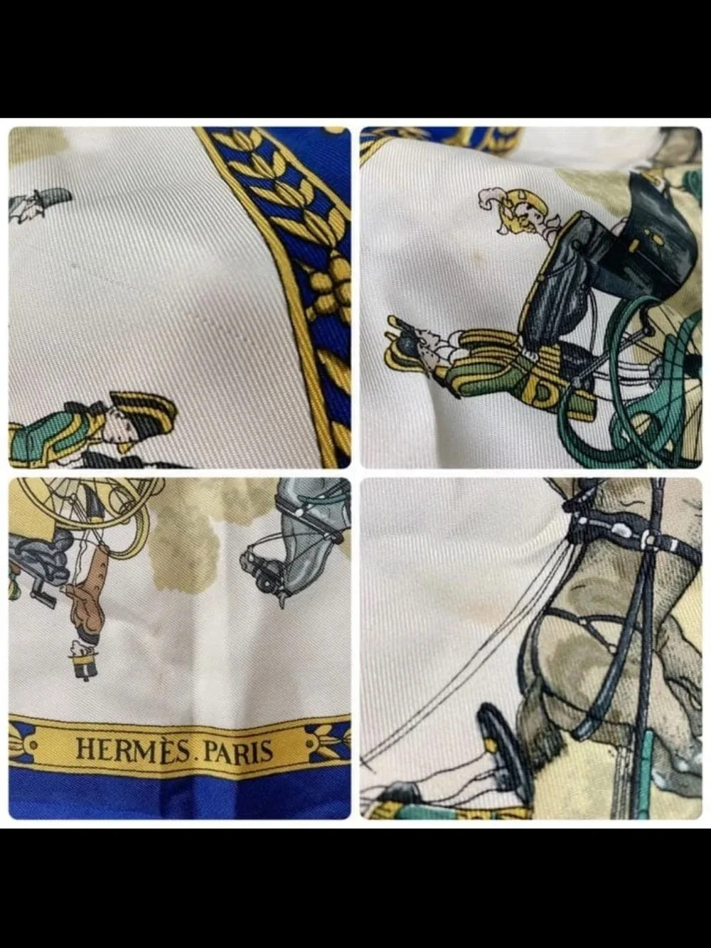 Hermes Royal Blue, White & Gold Carriage Silk Scarf